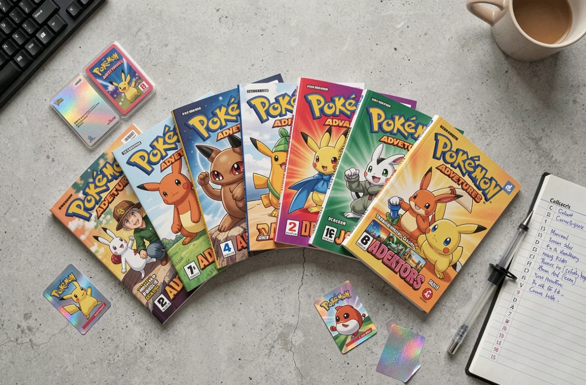 Vue de dessus d'une collection Pokémon Aventures en flat lay avec des cartes Pokémon et un carnet de collectionneur sur bureau en béton