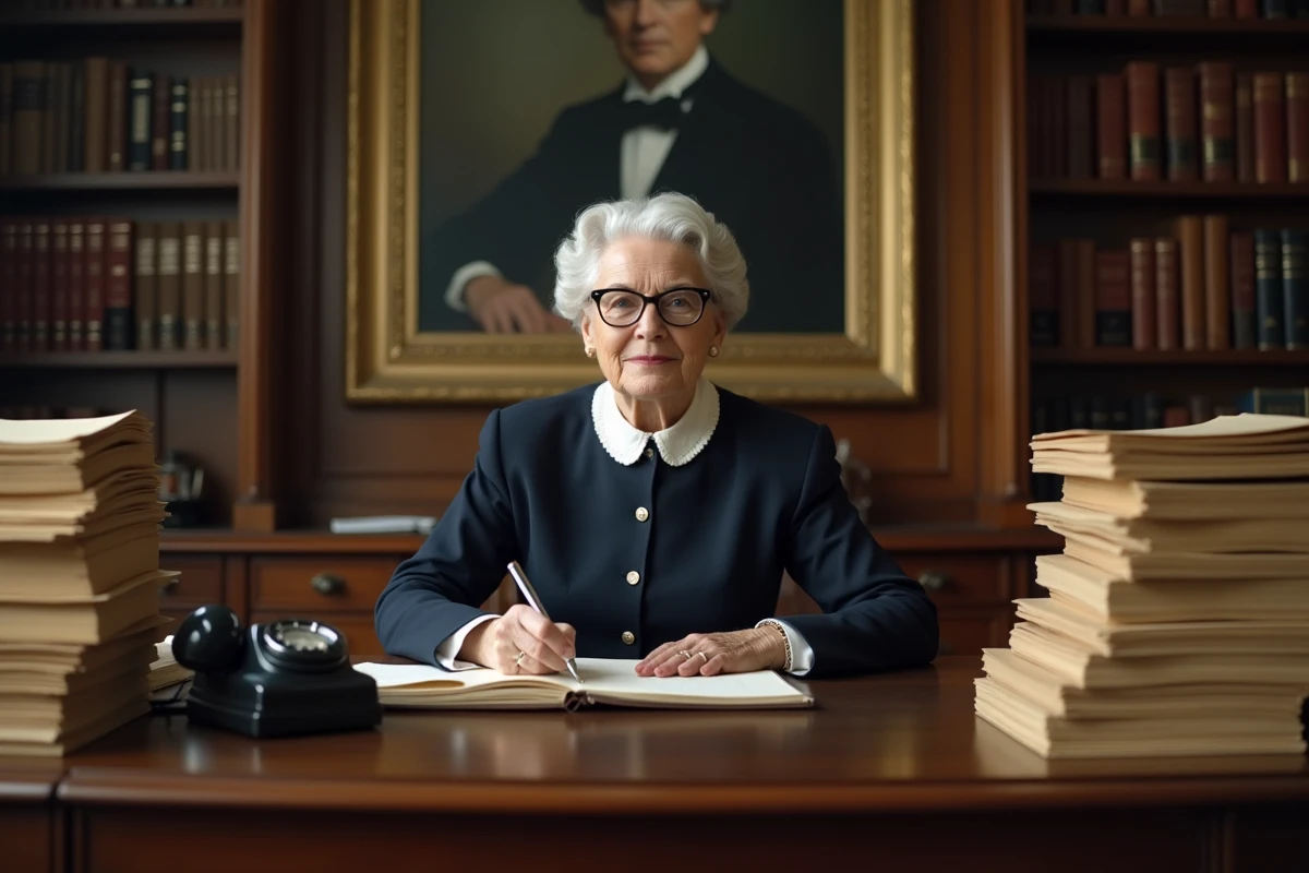 Femme fonctionnaire écrivant dans un registre dans un bureau gouvernemental chargé de dossiers, évoquant l'administration bureaucratique du New Deal