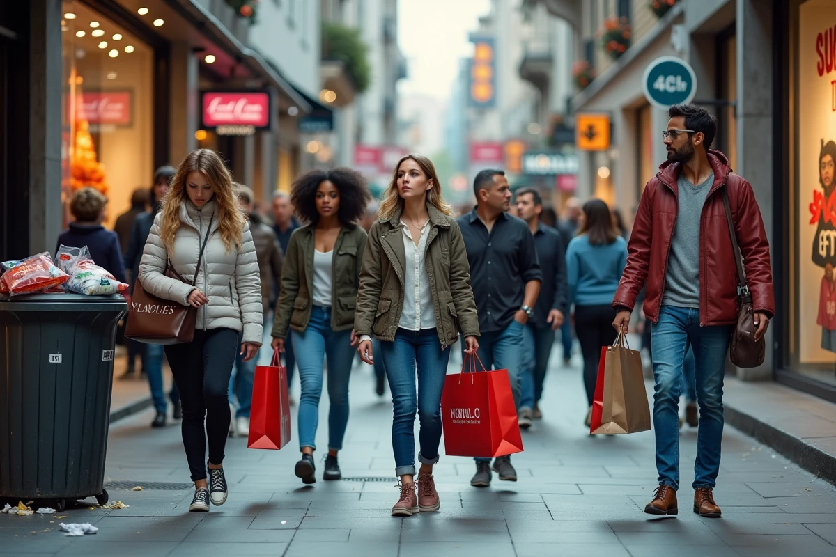 Foule de consommateurs dans une rue commerçante avec contraste social visible symbolisant la surconsommation urbaine