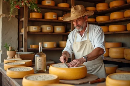 Fromager artisan espagnol découpant une meule de fromage manchego dans une fromagerie traditionnelle en Espagne