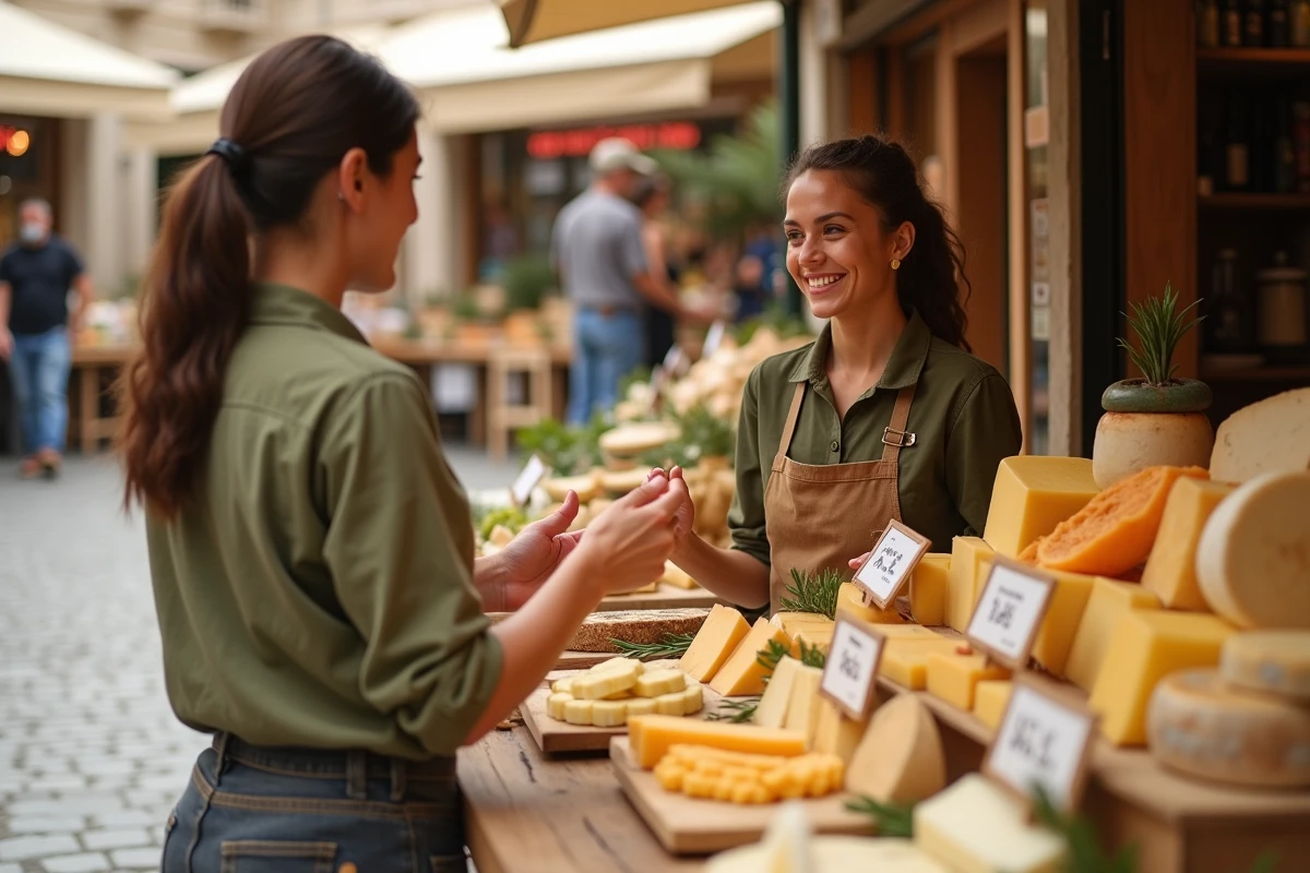 Fromagère espagnole présentant des fromages locaux sur un étalage de marché en plein air en Espagne