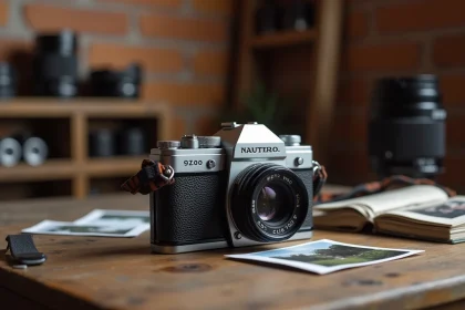 Appareil photo hybride Fujifilm X-T20 posé sur un bureau en bois avec des photos imprimées et un carnet, style rétro compact