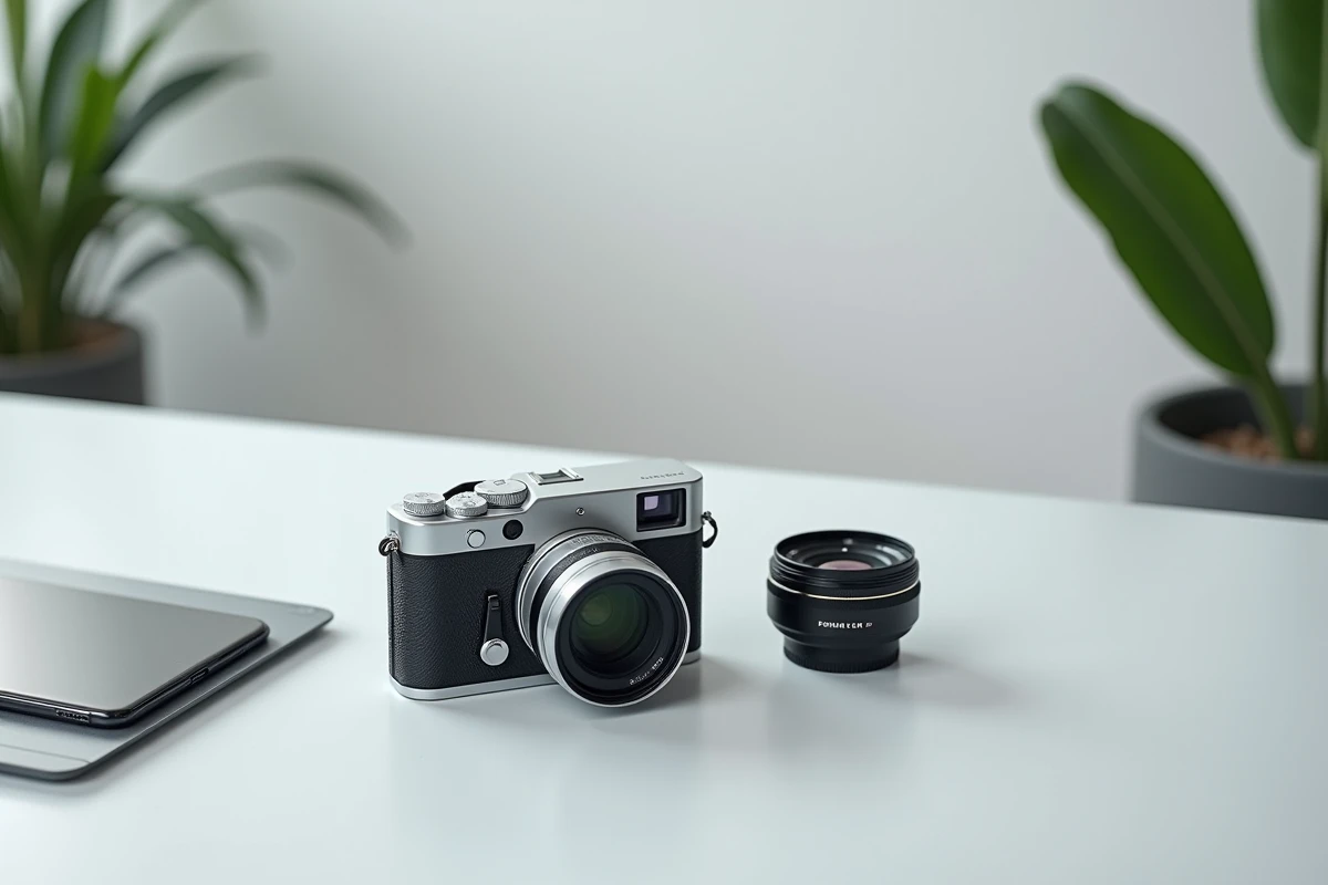Vue à plat d'un appareil Fujifilm X-T20 avec objectif et smartphone sur bureau minimaliste, test photo comparatif 2026