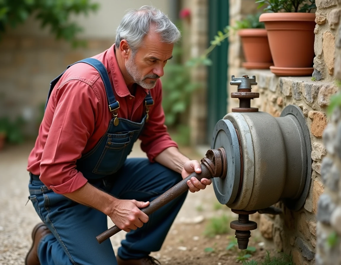 Gagnard Christophe intervenant sur un compteur d'eau extérieur dans un village ardéchois