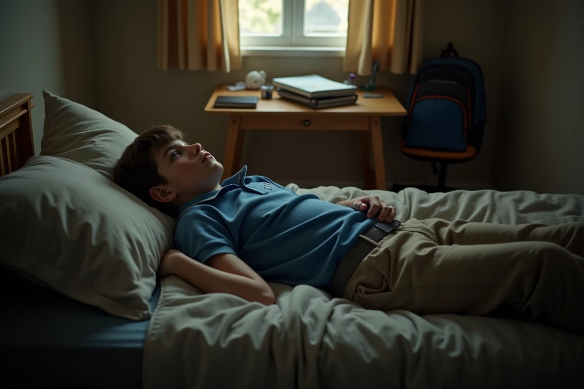Garçon allongé sur son lit en tenue scolaire, regard vide au plafond, signe de repli sur soi et de dépression infantile