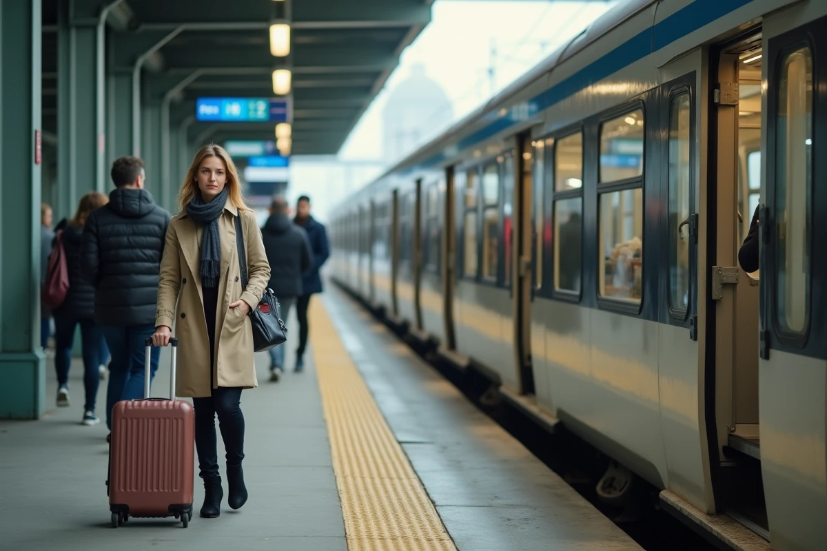Femme embarquant dans un train régional moderne sur un quai de gare européenne, le train reconnu comme transport très sûr