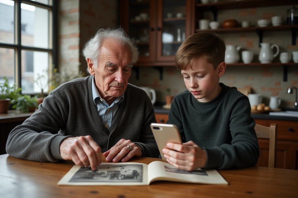 Grand-père et petit-fils comparant une photo ancienne et une image numérique, symbolisant l'évolution technologique intergénérationnelle