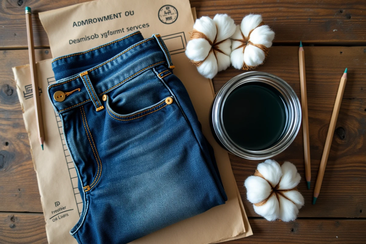 Vue rapprochée d'un jean en denim brut posé sur un bureau avec un pot de liquide bleu pollué et du coton brut, évoquant l'empreinte écologique du textile