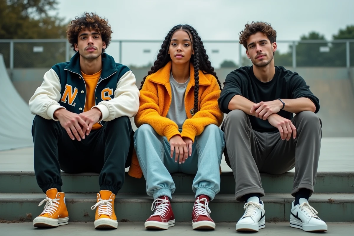 Groupe de jeunes en tenues streetwear variées assis devant un skate park, mix de styles et sneakers tendance