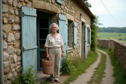 Femme locale devant une ferme en pierre du hameau de Bésigny, illustrant l'identité rurale et patrimoniale du lieu