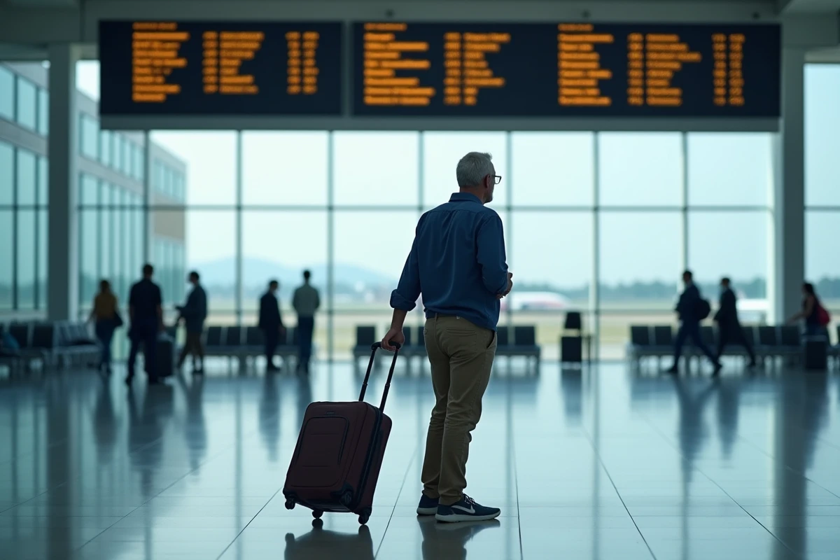 Homme en aéroport consultant le tableau des départs pour un vol économique en semaine