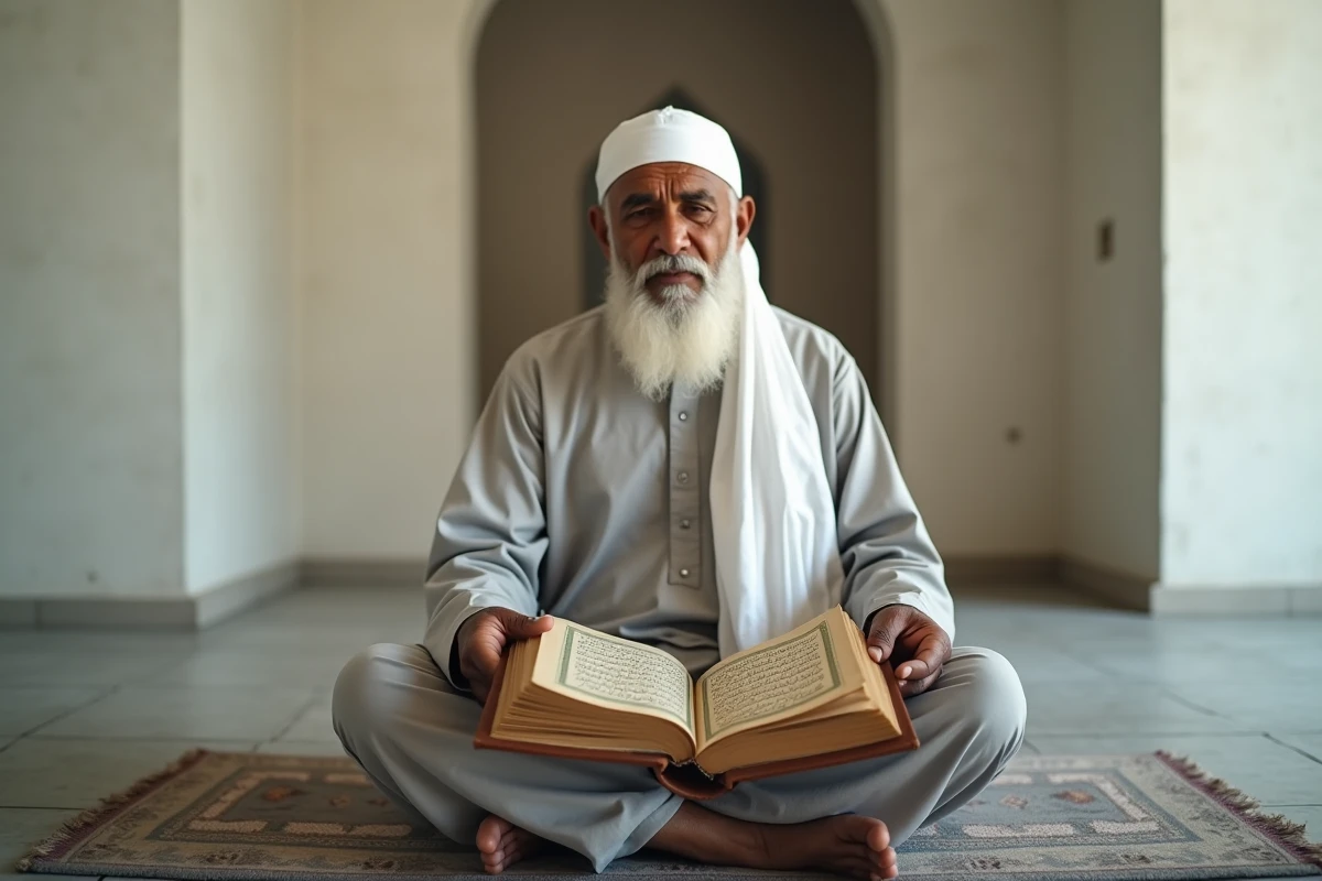 Homme âgé lisant le Coran dans une mosquée lors de la prière du witr