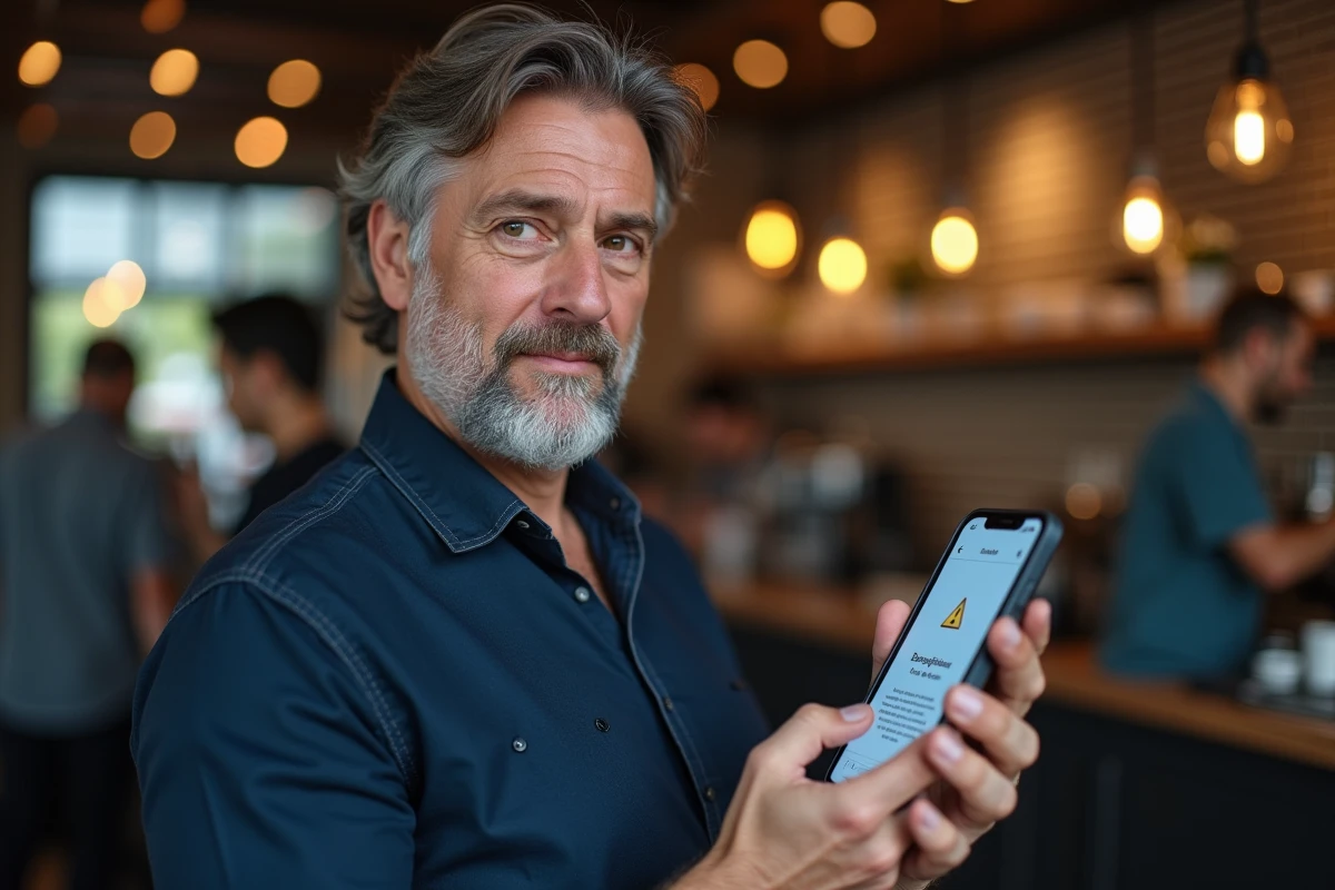 Homme consultant son smartphone avec un avertissement de sécurité dans un café, symbolisant les menaces de scans et redirections malveillantes en navigation mobile