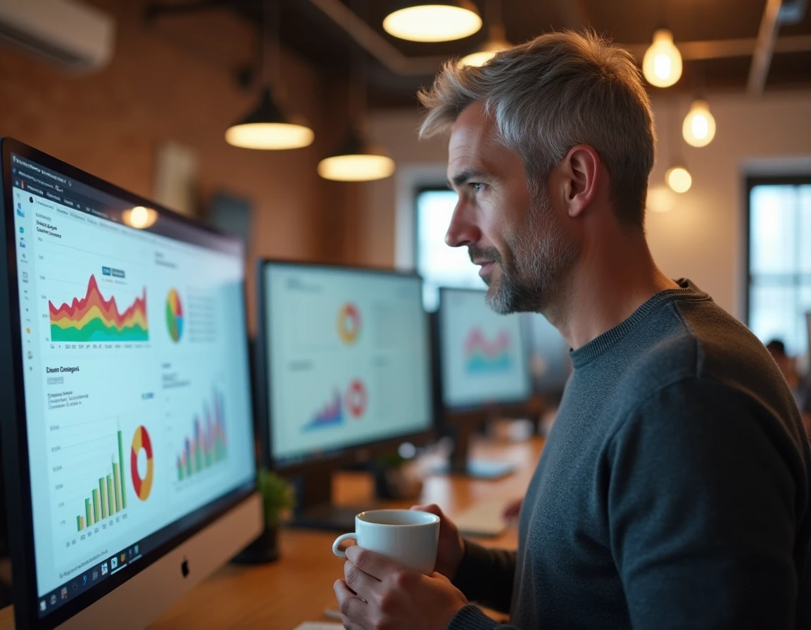 Homme analysant les performances d'un site web sur un tableau de bord numérique dans un espace de coworking