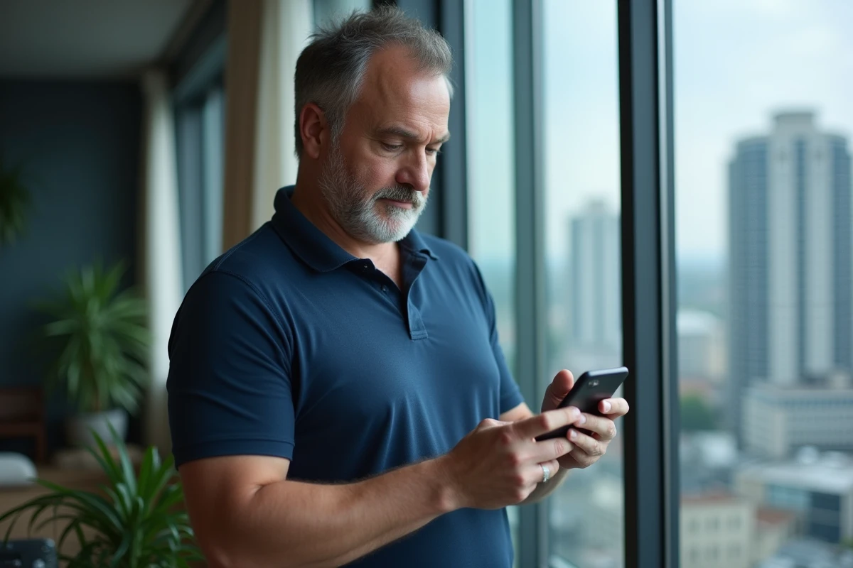 Homme consultant une application d'investissement sur smartphone affichant un portefeuille mensuel en euros