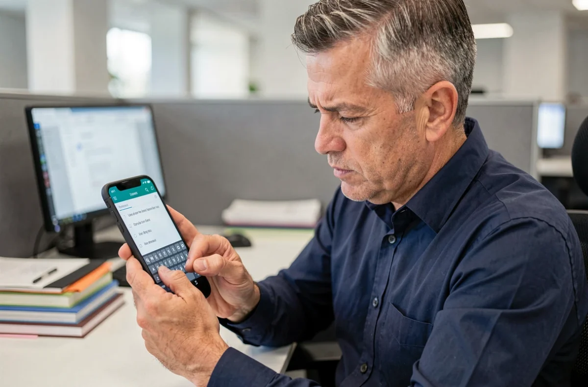 Homme au bureau utilisant un smartphone Android pour insérer un É majuscule avec accent grave dans un document