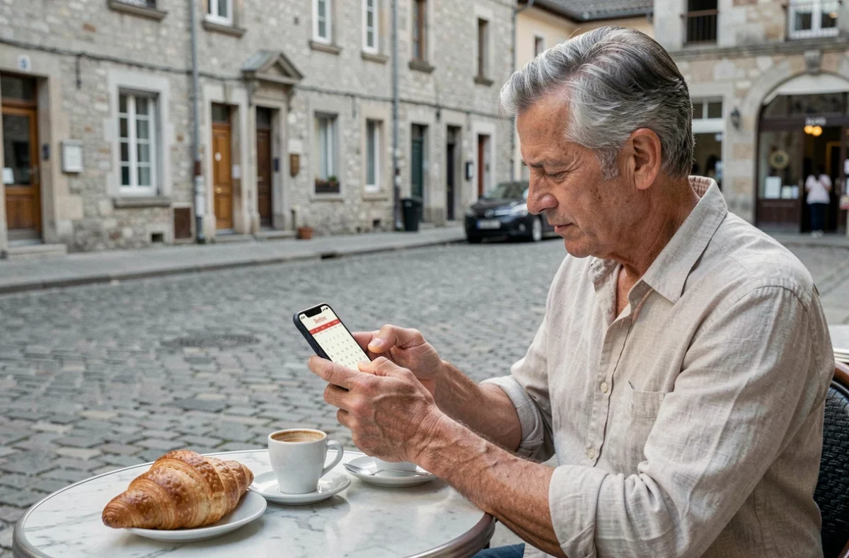 Homme consultant un calendrier des fêtes et prénoms sur smartphone en terrasse de café dans un village français