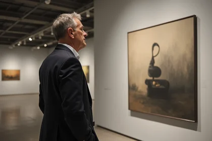 Homme contemplant la reproduction de La Trahison des images de Magritte dans un musée d'art contemporain