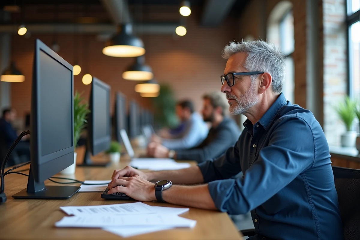 Homme en télétravail dans un espace de coworking moderne avec double écran, symbolisant la flexibilité et la concentration au travail à distance