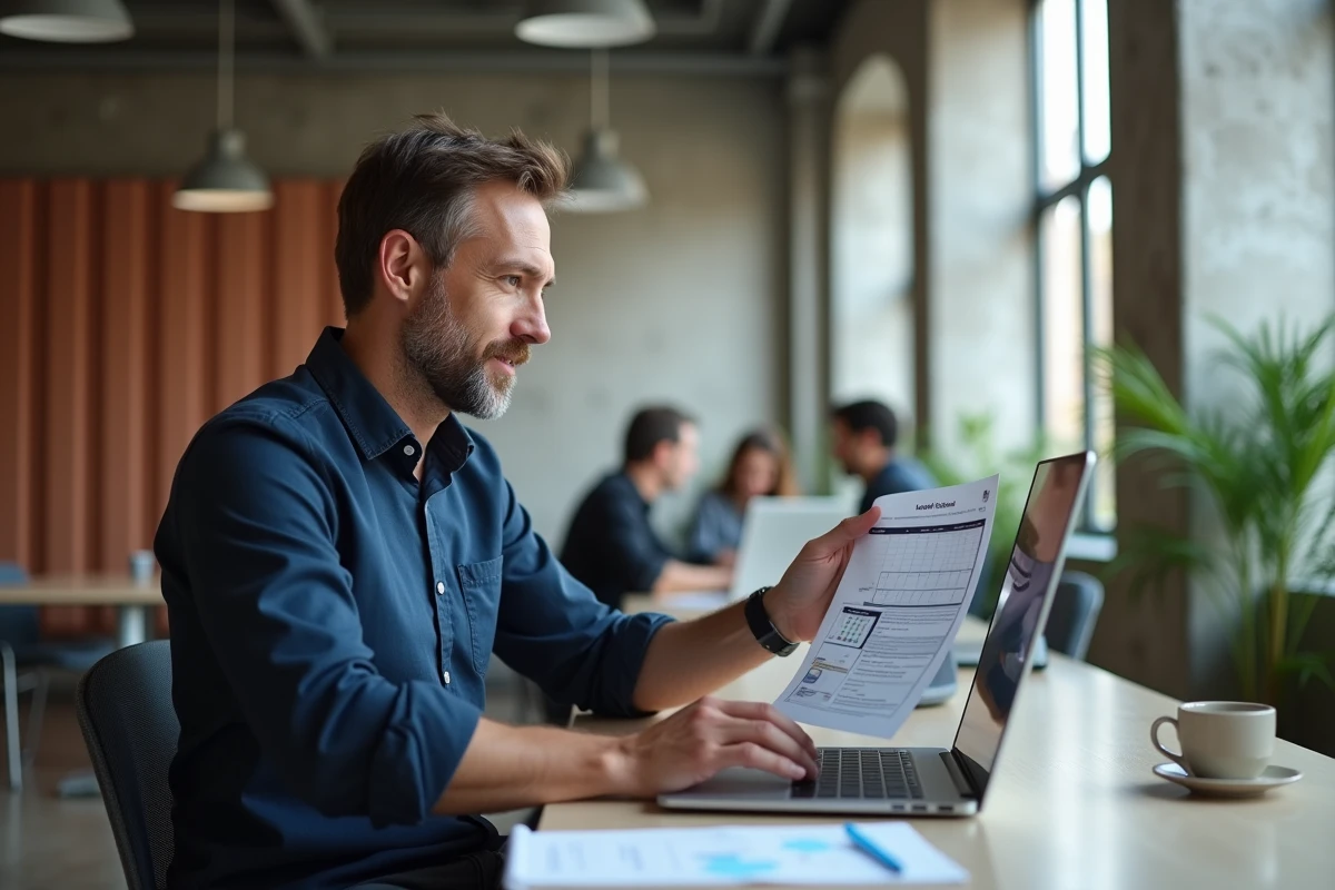 Homme en espace de coworking participant à une réunion de suivi de productivité en télétravail avec feuille de KPI imprimée