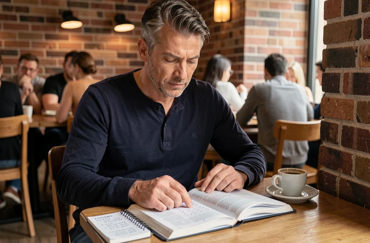 Homme adulte résolvant un livre d'énigmes logiques difficiles dans un café urbain