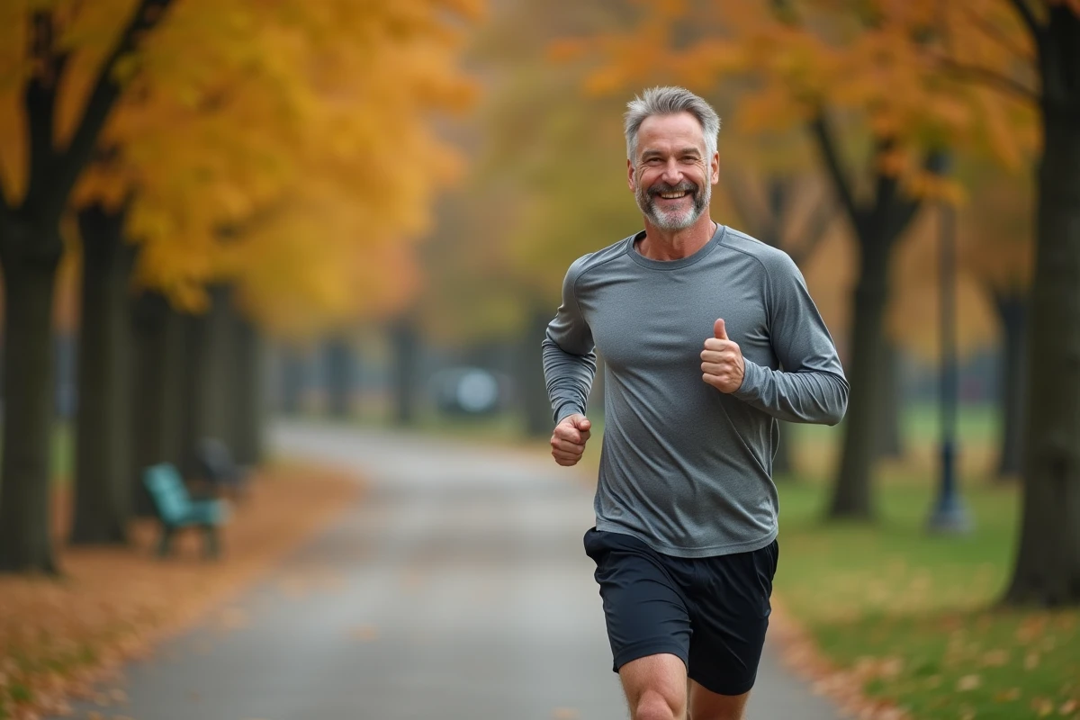 Homme souriant en train de courir dans un parc en automne symbolisant l'énergie et la bonne humeur grâce aux vitamines