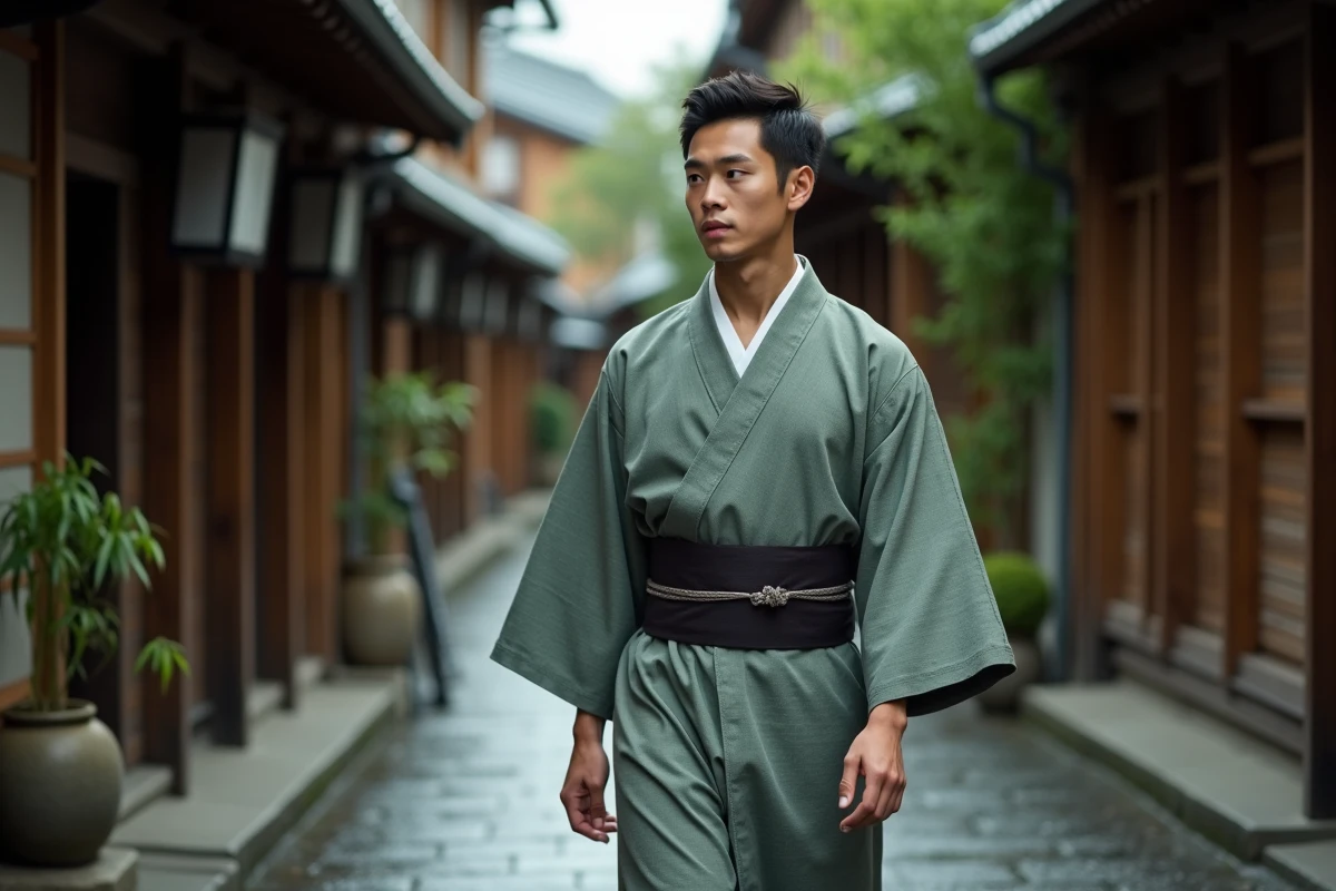 Jeune homme japonais en kimono traditionnel gris et vert sauge marchant dans une ruelle historique, symbole d'identité culturelle vestimentaire