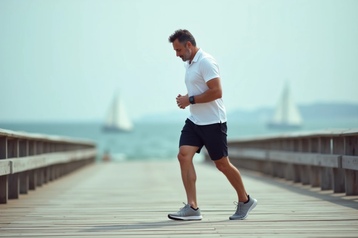 Homme vérifiant sa montre connectée en marchant sur un boardwalk côtier dans le cadre d'un programme minceur