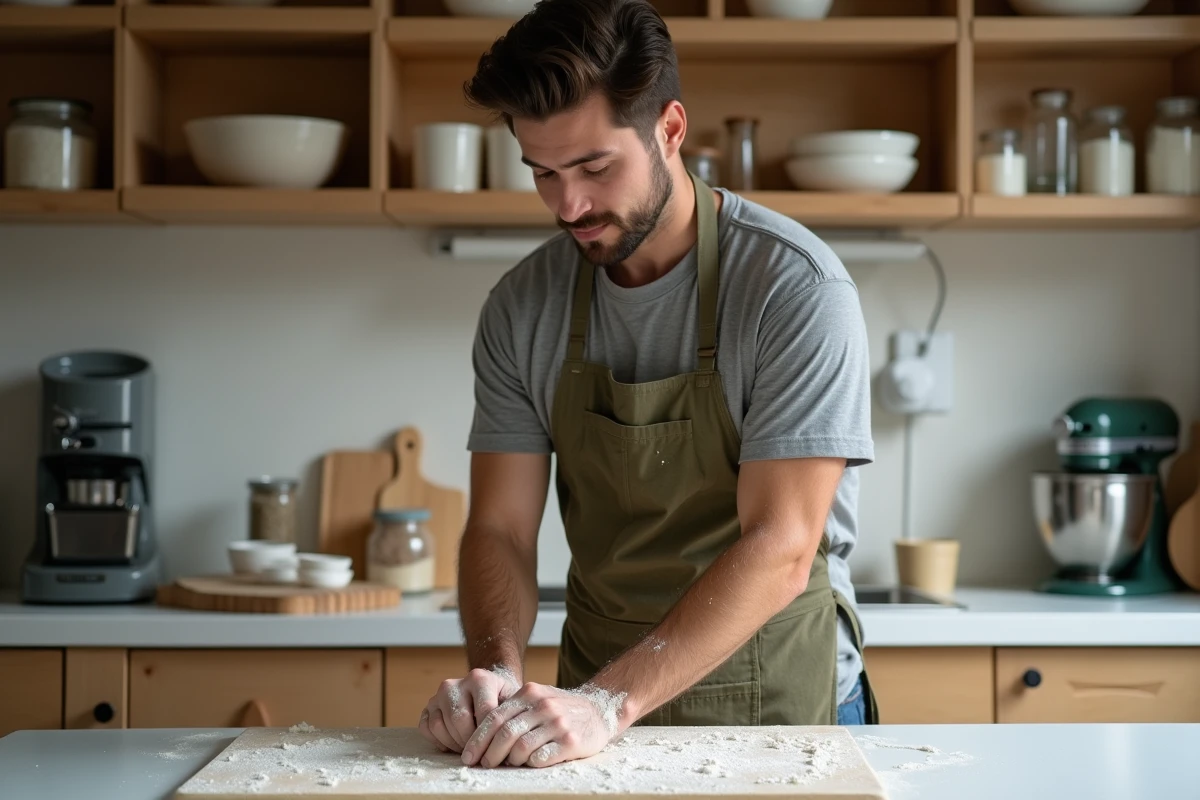 Homme pétrissant de la pâte à pain faite maison dans une cuisine rustique pour s'occuper chez soi