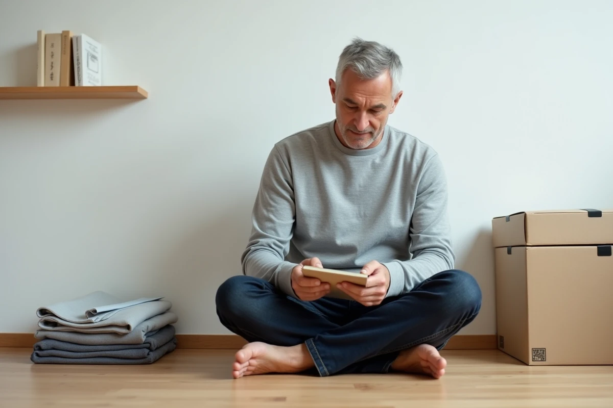 Homme assis sur un parquet en bois organisant ses affaires selon la méthode minimaliste