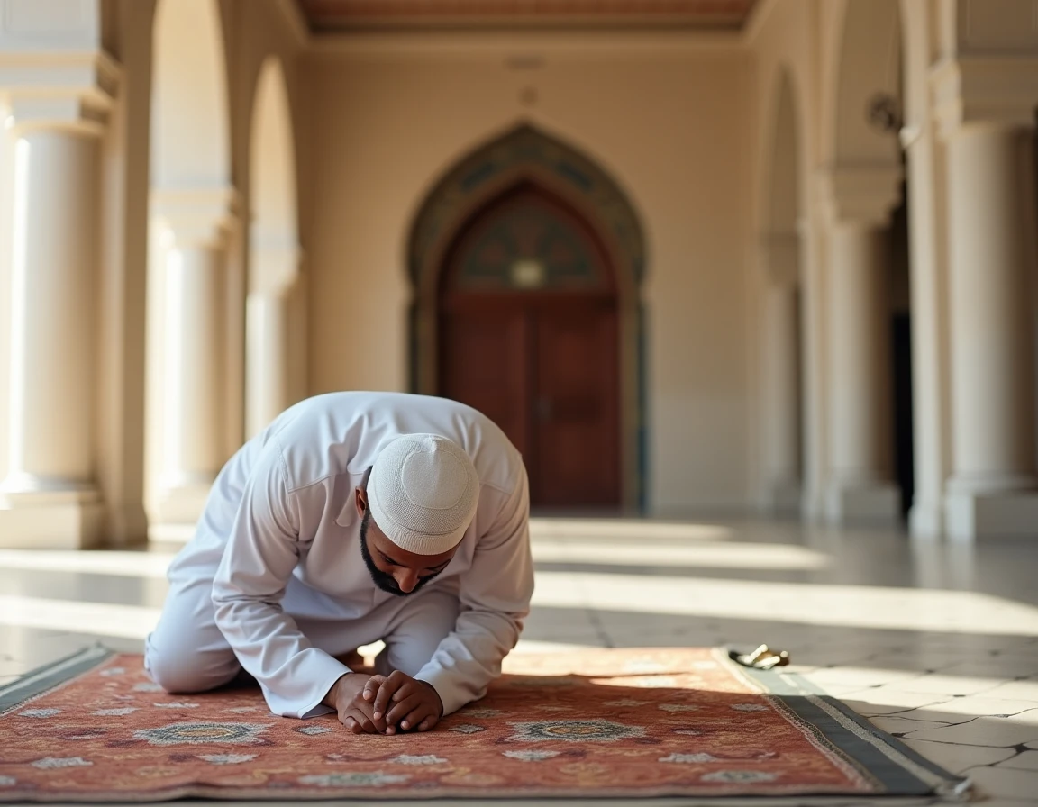 Homme musulman en tenue blanche en prosternation sur un tapis de prière dans une mosquée paisible, moment de recueillement après la doua istikhara