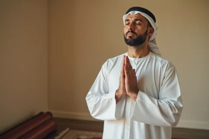 Homme en tenue blanche récitant la prière du witr les mains levées en signe de supplication