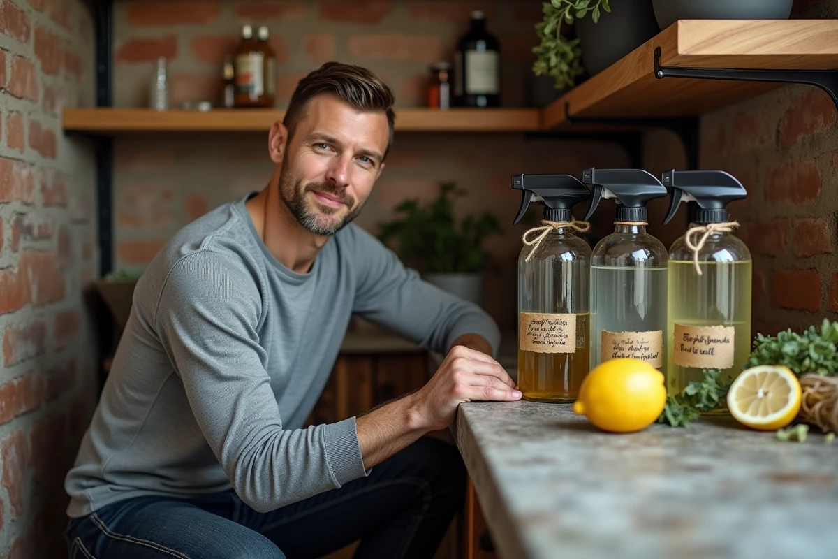 Homme arrangeant des bouteilles de produits ménagers naturels faits maison sur une étagère en bois