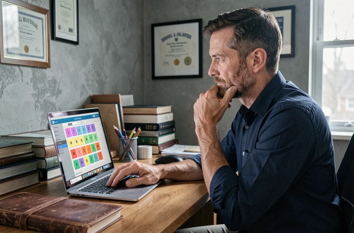 Homme d'âge moyen concentré sur un puzzle de vocabulaire sur ordinateur portable dans un bureau encombré de livres