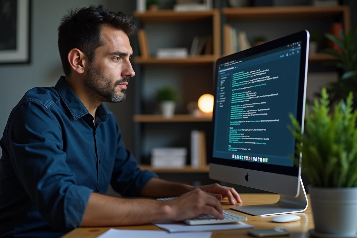 Homme consultant un article sur la sécurité des sites de streaming en ligne depuis son bureau