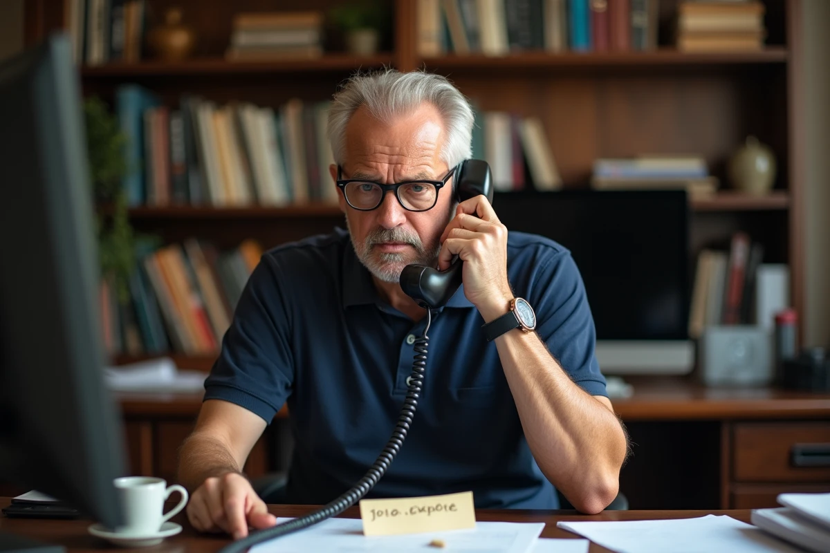 Homme senior hésitant à rappeler un numéro de téléphone fixe inconnu 03 77 dans un bureau à domicile avec téléphone à fil
