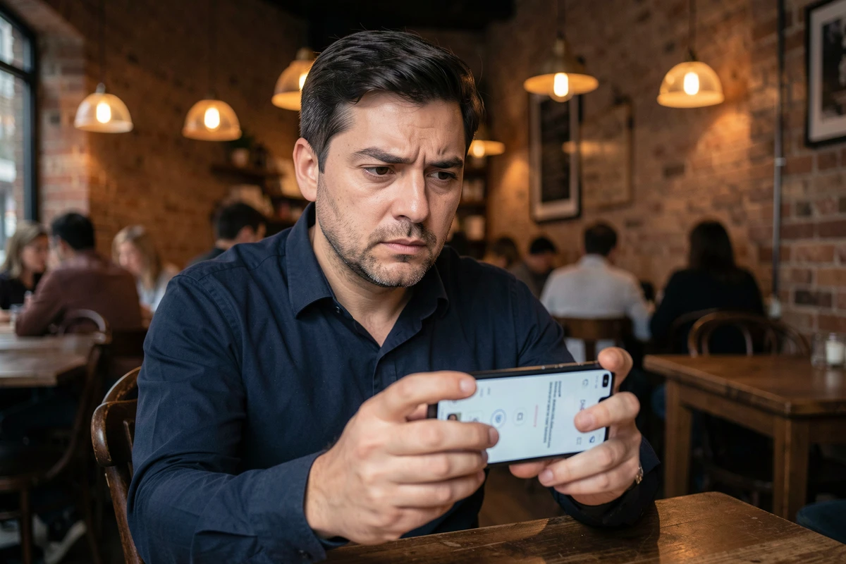 Homme vérifiant des stories Instagram de façon discrète dans un café avec décor en briques apparentes