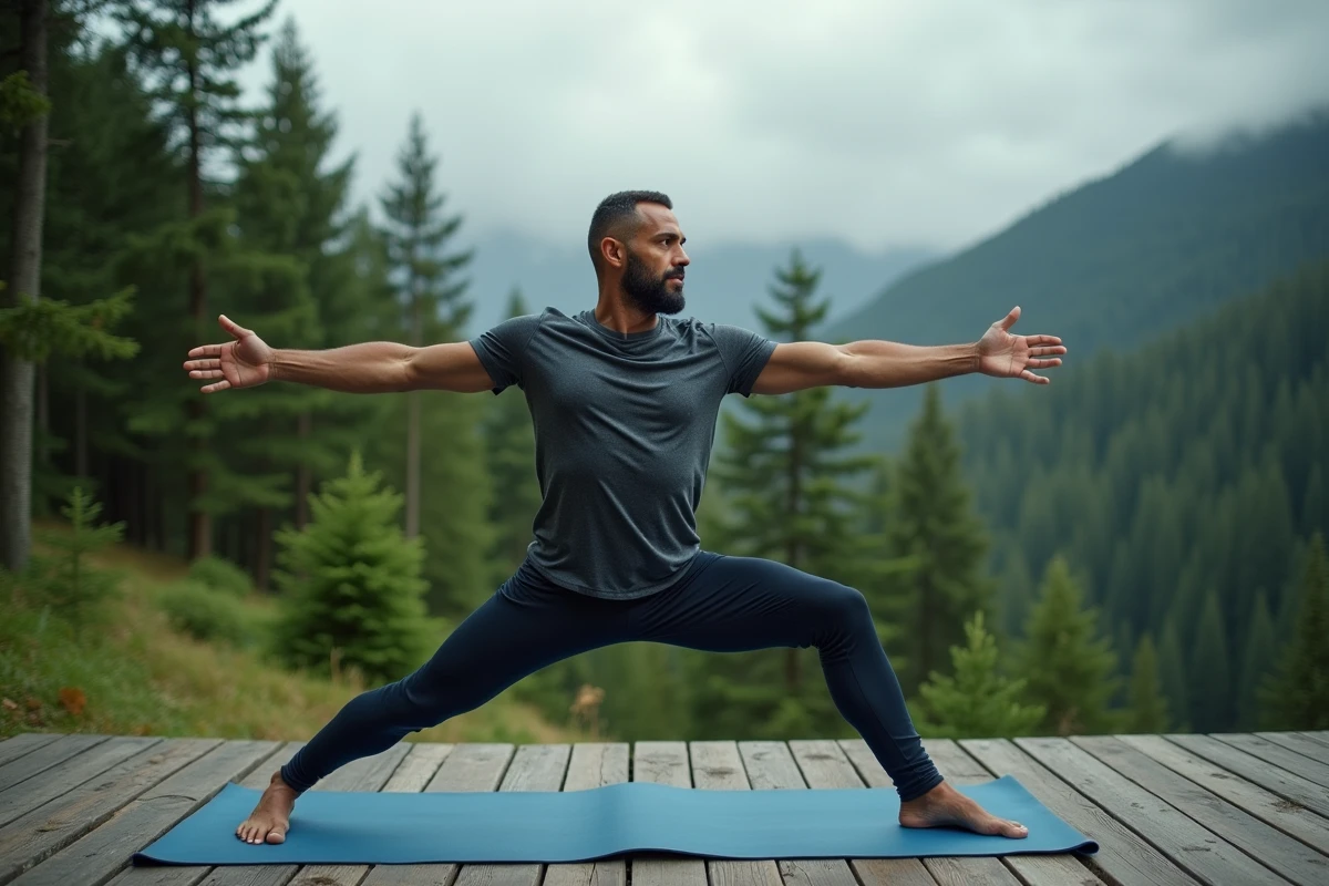 Homme en posture guerrier II sur une terrasse en bois entourée de forêt, illustrant les bienfaits du yoga sur la santé mentale masculine