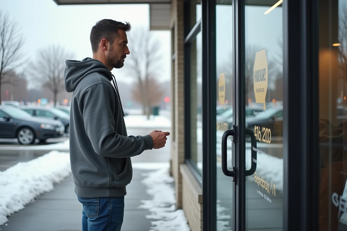 Homme consultant les horaires d'ouverture affichés à l'entrée d'un centre commercial le dimanche avant Noël