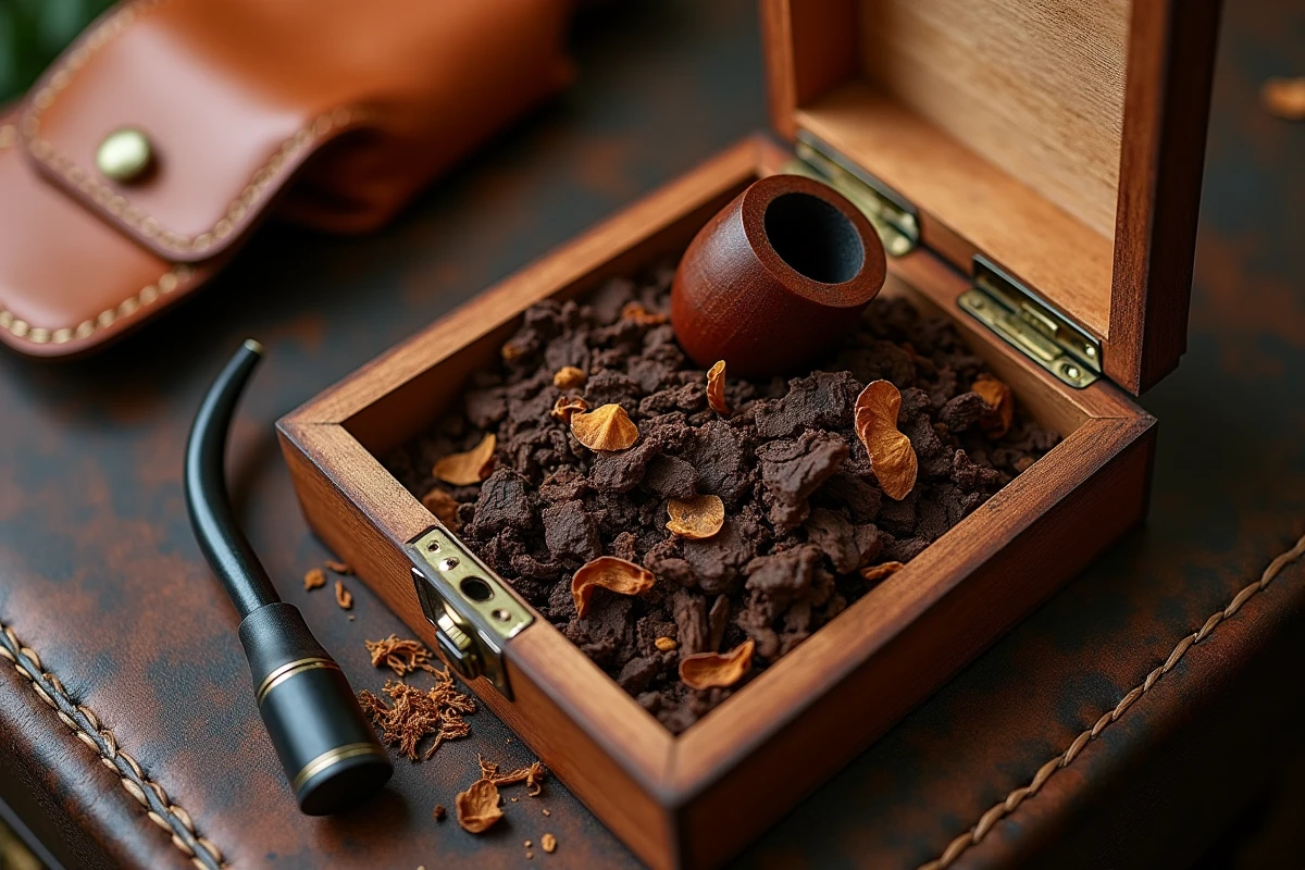 Gros plan sur un humidor en bois avec du tabac à pipe aromatisé et accessoires sur bureau en cuir