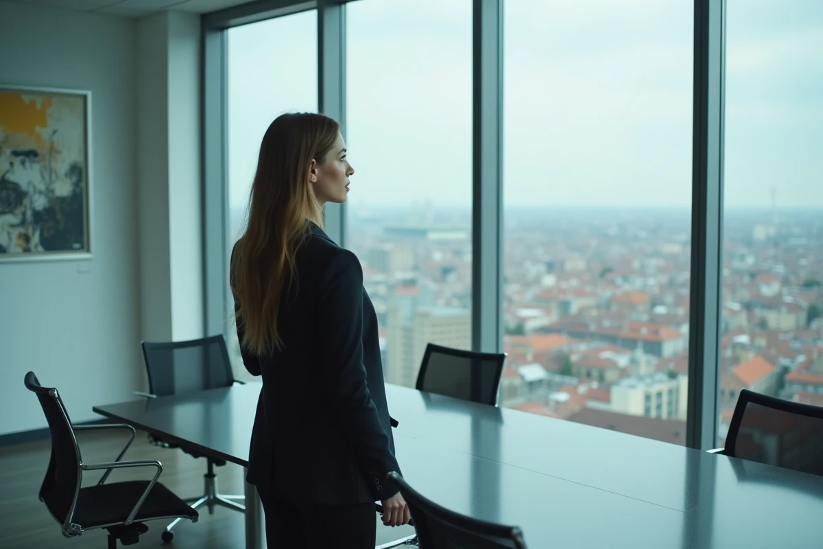 Femme d'affaires contemplant la ville depuis un bureau en hauteur, symbolisant le fossé entre classes sociales et inégalités économiques