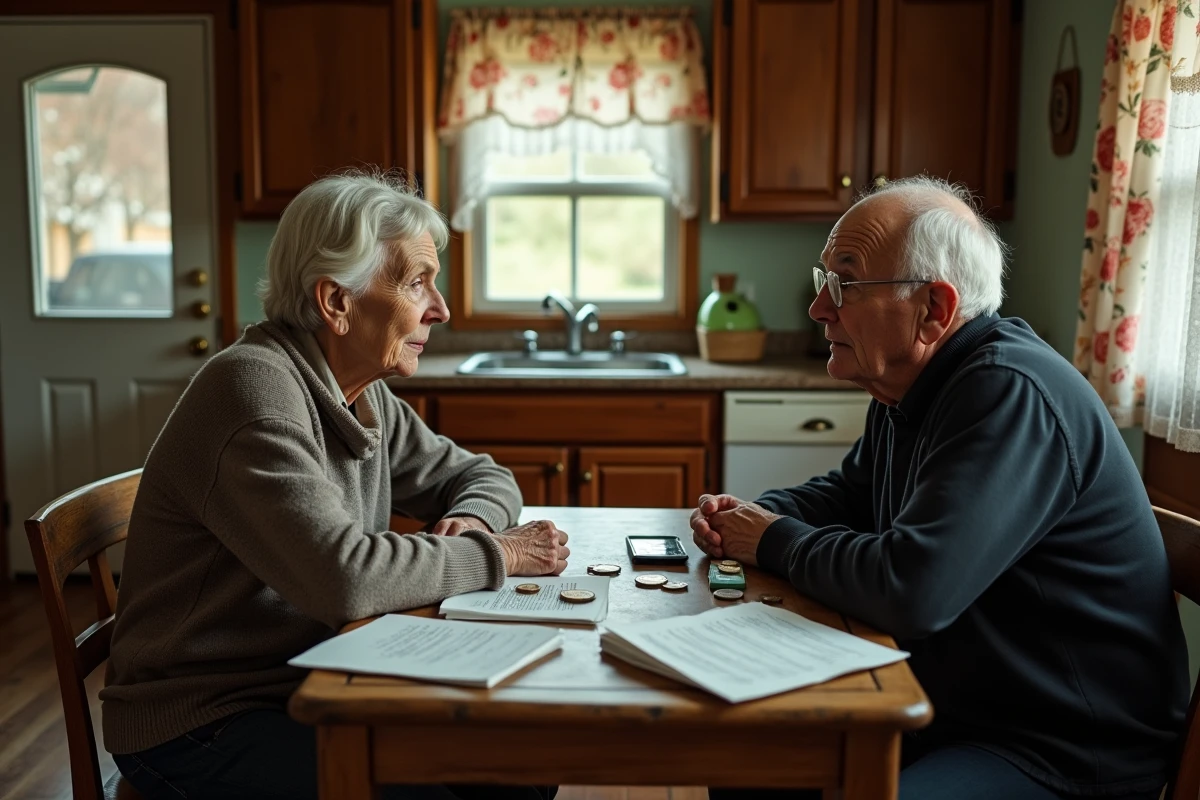 Couple de personnes âgées en milieu rural calculant leur budget avec inquiétude, représentant la précarité économique chez les retraités