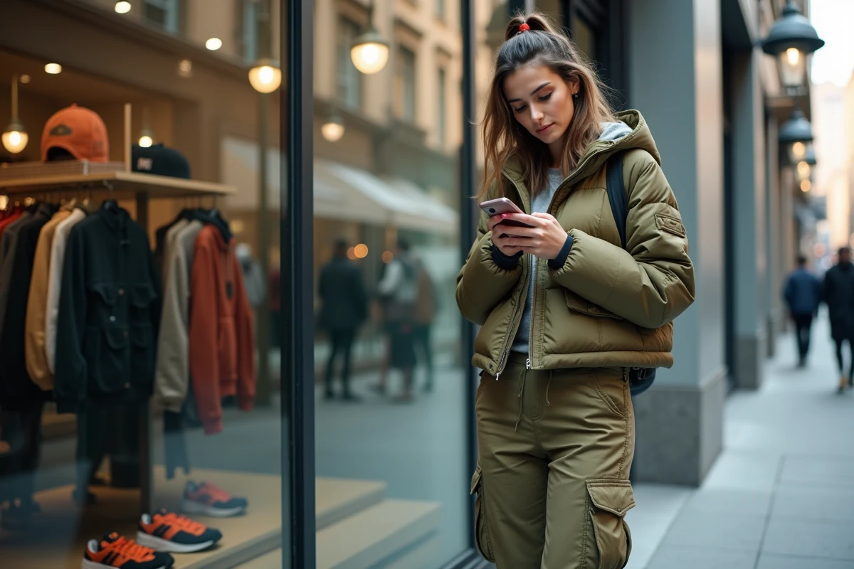 Femme influenceuse streetwear devant une boutique tendance, veste puffer et cargo pants urban style