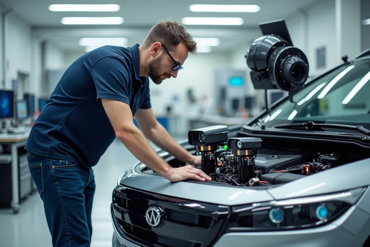 Ingénieur automobile inspectant les capteurs LIDAR d'un véhicule autonome en laboratoire