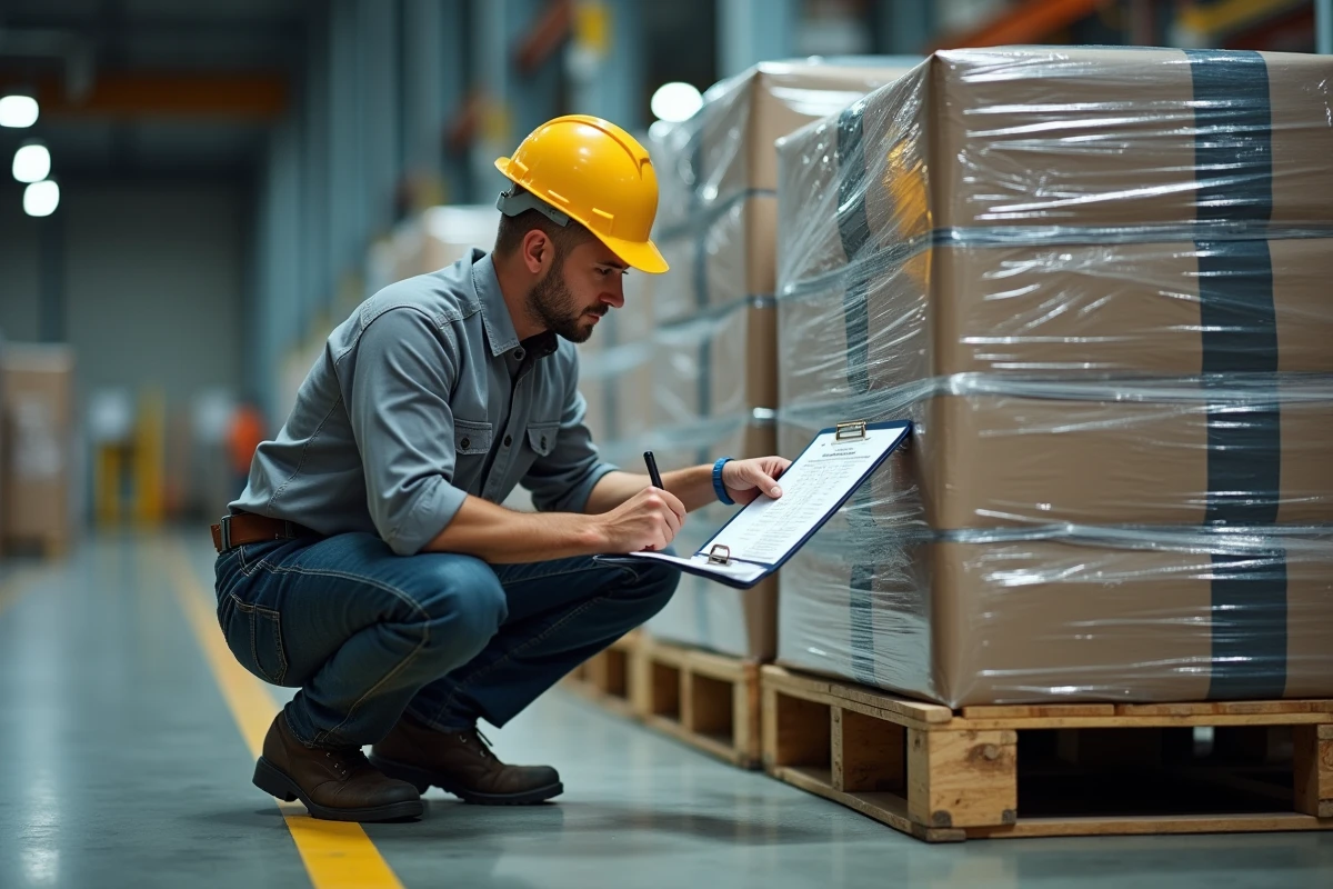 Ingénieur avec un casque jaune consultant un tableau de conversion poids kilogrammes tonnes sur une planche à pince en usine