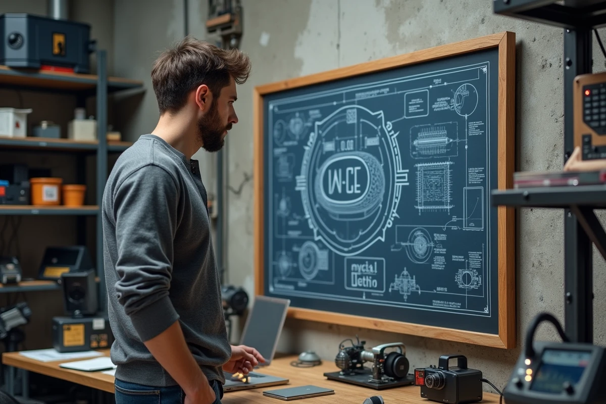 Jeune ingénieur étudiant le schéma du moteur à courant alternatif de Nikola Tesla dans un espace de fabrication moderne