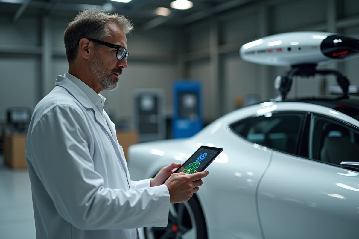 Ingénieur automobile analysant les données de capteurs d'une voiture autonome en centre d'essai industriel