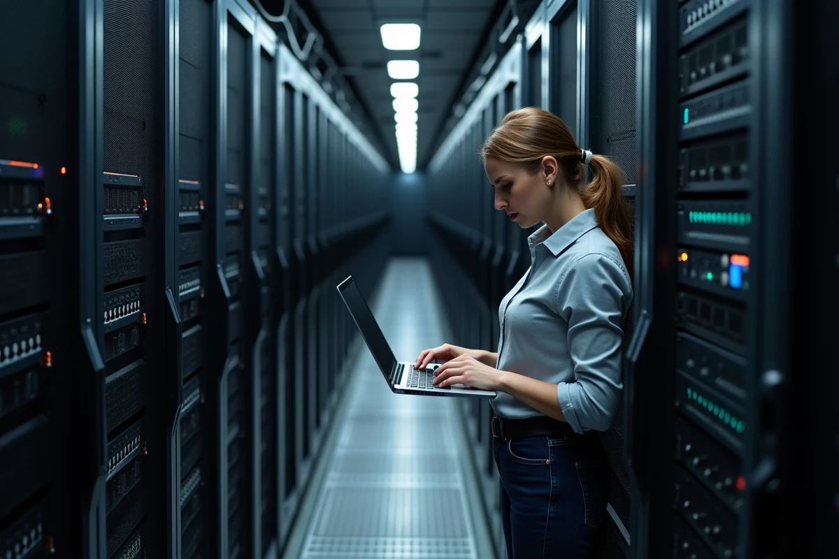 Ingénieure support L2 analysant des journaux système dans une salle de serveurs professionnelle