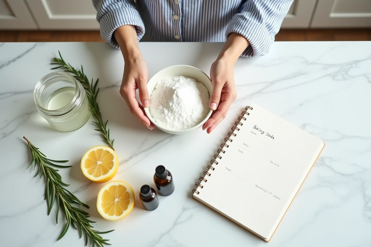 Vue aérienne des ingrédients naturels pour fabriquer un produit nettoyant maison : citron, bicarbonate, huiles essentielles et vinaigre blanc