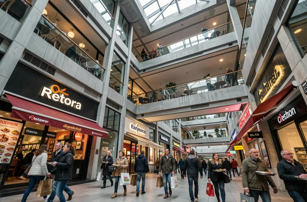 Vue intérieure de la galerie marchande de la Tour Montparnasse avec restaurants et escalators